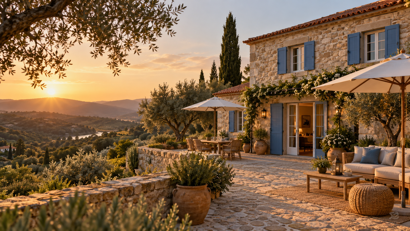 Casa boutique em pedra no Alentejo ao pôr do sol